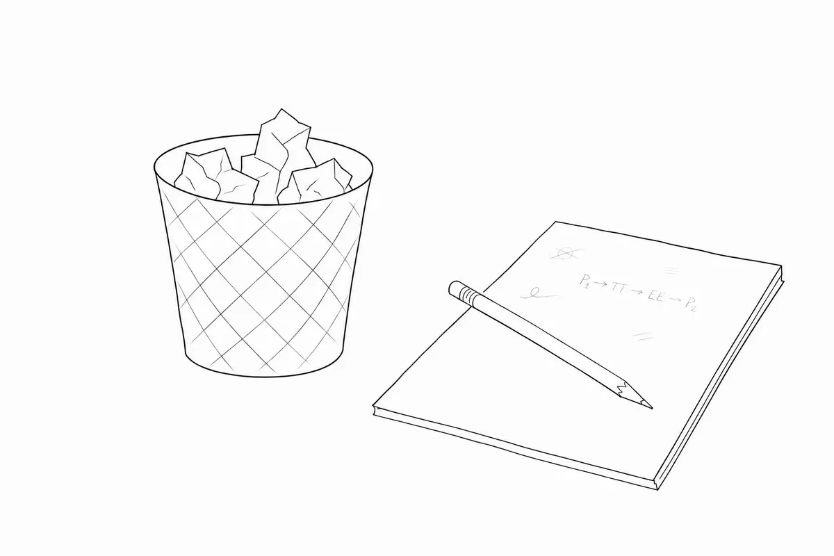 A pencil lies across a pad of rough working notes beside a wire wastebasket filled with crumpled drafts.